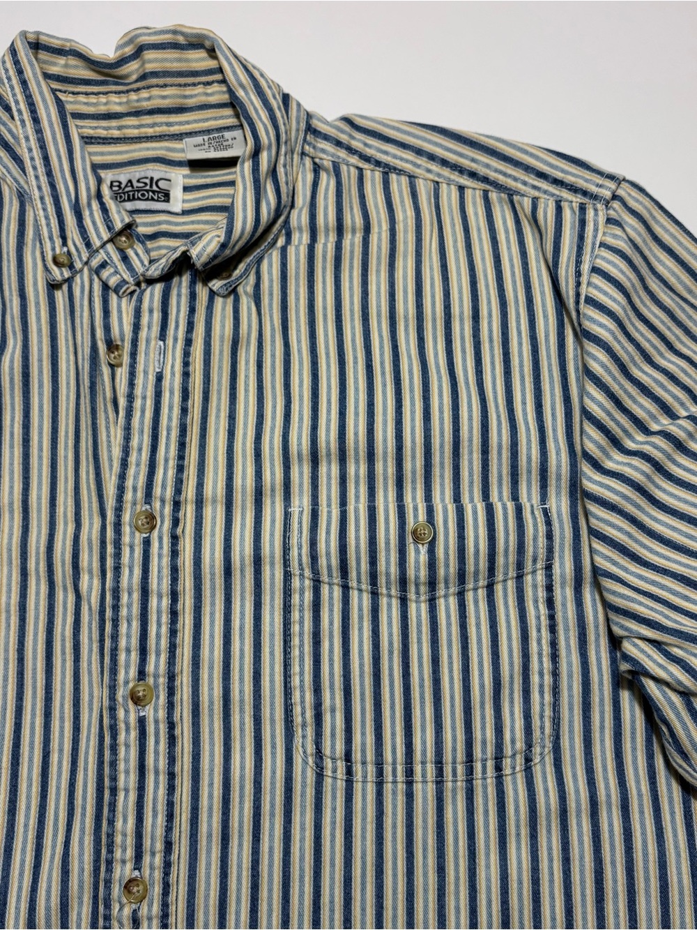 Basic Editions Navy Yellow & Blue Classic Casual Cotton Short Sleeve Button Up